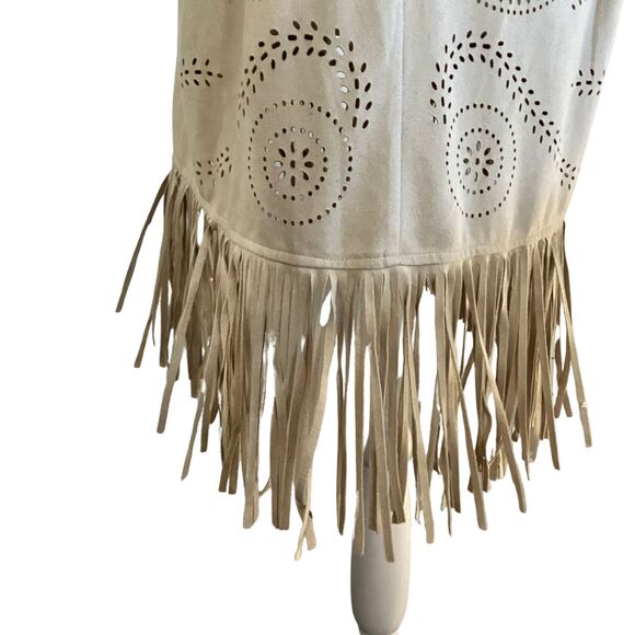 Alya Tan Floral Cut Out Faux Suede Open Cardigan Sz S, Fringe Western Rodeo Boho - Picture 4 of 9